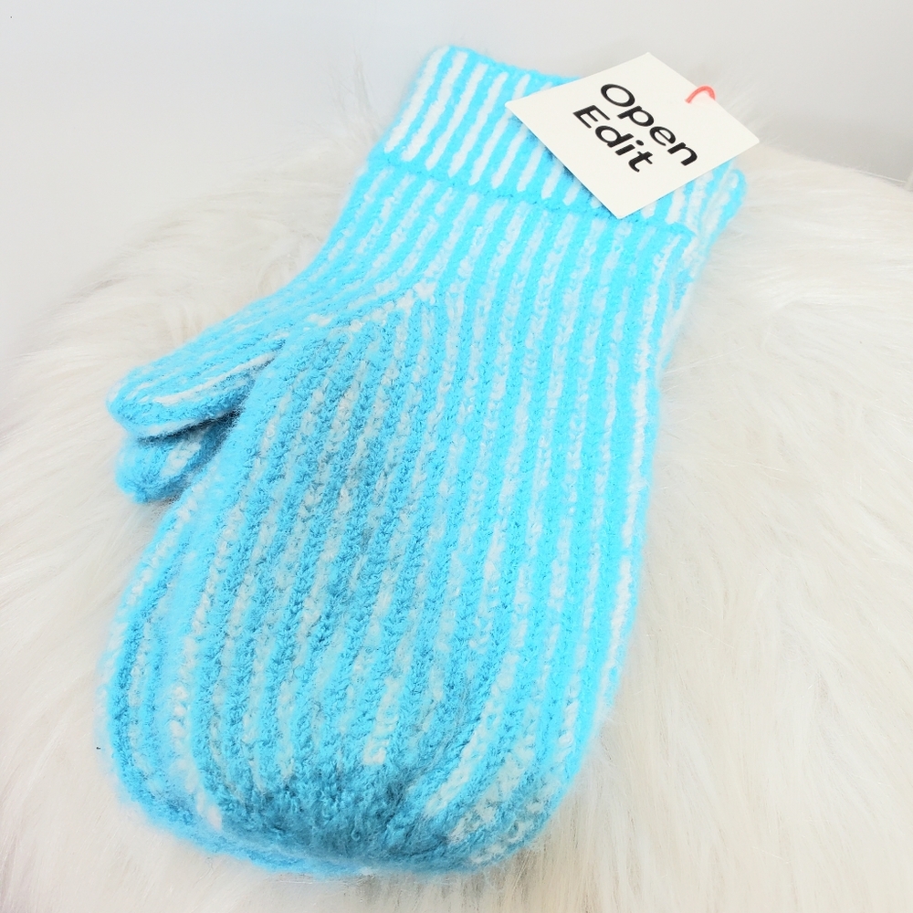 NWT OPEN EDIT Aqua White Knitted Fingerless Winter Gloves Mittens